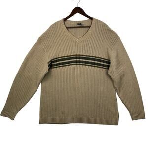High Sierra Men's Beige Knit Sweater with Green Striped Chest Stripe V-Neck XXL